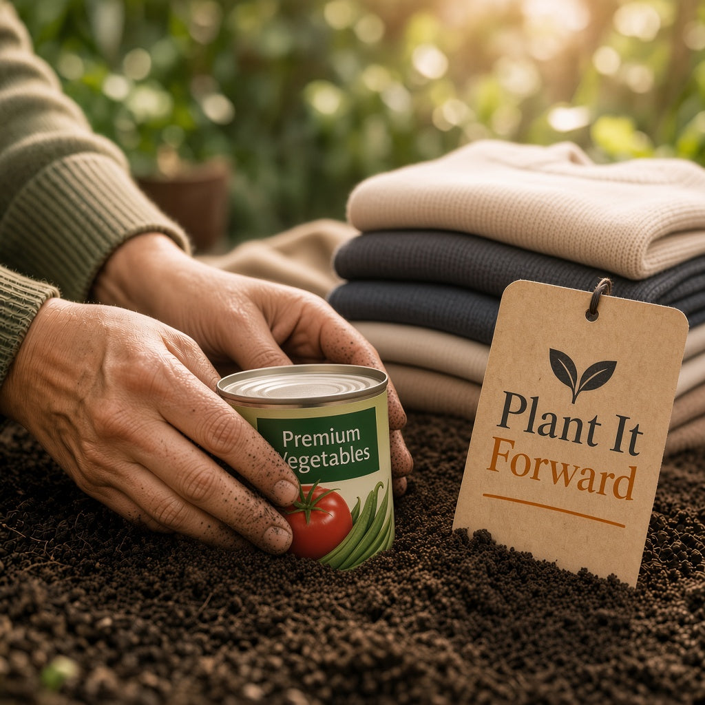 Plant It Forward - hands planting Premium Vegetables can